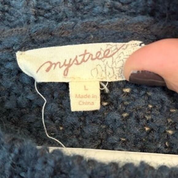 Mystree Long Sleeve Lace-Up Ribbon Waffle Knit Sweater Pullover Blue Size Large - Picture 3 of 5